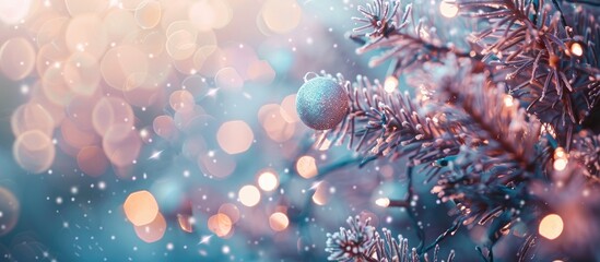 Wall Mural - A close-up image featuring a Christmas tree adorned with balls, set against a blurred backdrop of bokeh garlands, creating a festive New Year concept with copy space image.