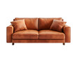 © sornram - A brown leather sofa with two pillows in a minimalist setting.  The sofa is isolated on a black background.