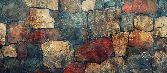 Poster - Vintage wallpaper background featuring sections of an aged stone wall in hues of red, brown, and blue with ample room for copy space image.
