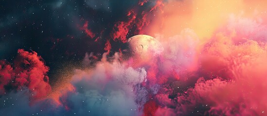 Colorful powders have exploded into an abstract background with a fake moonlight effect, creating a dynamic and vibrant copy space image.