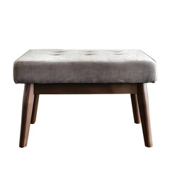 A gray upholstered ottoman with wooden legs, isolated on a black background.  The ottoman is perfect for adding extra seating or as a footrest.