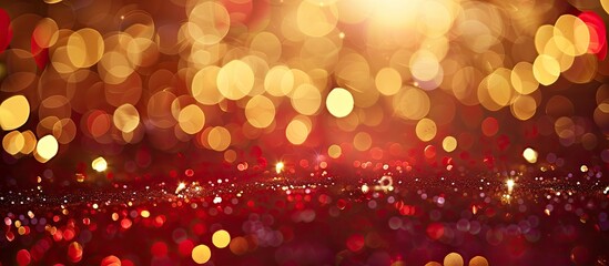 Aufkleber - Abstract golden bokeh creating a festive backdrop with glittering Christmas lights on a defocused red background with copy space image.