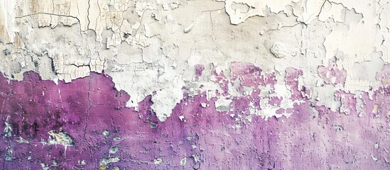 Wall Mural - Check out a rough, cracked wall with paint applied in a sponge wipe method, showcasing a blend of purple, white, and pink hues with copy space image.