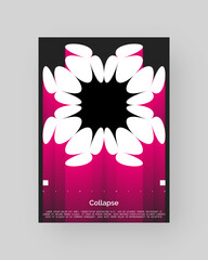 Abstract poster design. Vertical format wall art, interior mockup. Magenta, white, black composition. Geometric neon illustration with space and y2k style elements.