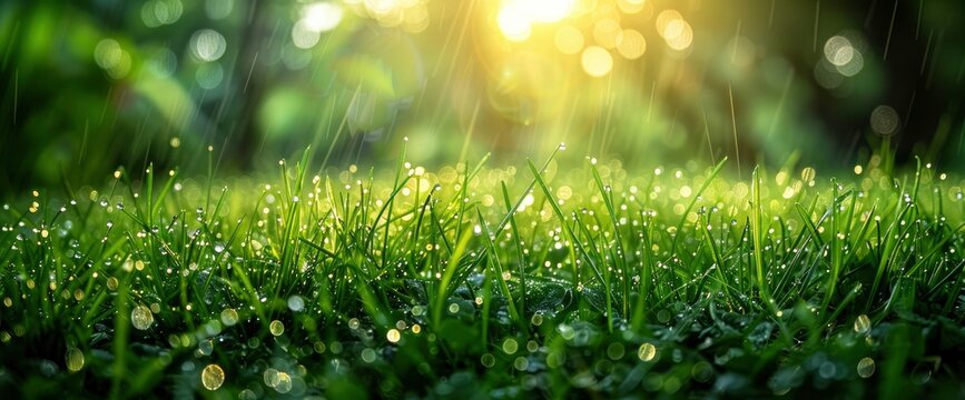 Fresh Spring Grass With Raindrops, Highlighting The Beauty Of Nature After Rain