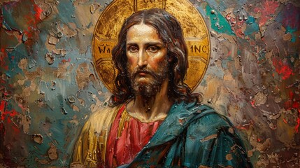 Sticker - A Golden Haloed Jesus in a Textured Painting. Generative AI