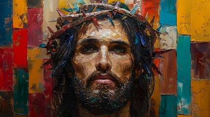 Canvas Print - A Striking Portrait of Jesus Christ in a Crown of Thorns Against a Vibrant Abstract Background. Generative AI