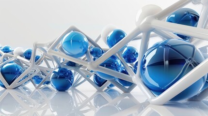 Wall Mural - Abstract composition with blue and white spheres and cubes. Futuristic 3D rendering.
