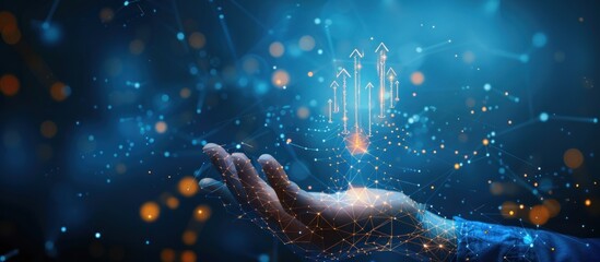Digital Hand Holding Growth Arrows in a Network of Lines