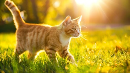 Wall Mural - Cute baby cat playing on outdoor lawn with warm sunlight