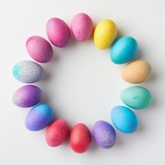 Wall Mural - top view of beautiful easter eggs in a circle on table