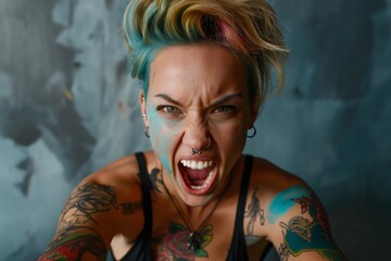 Wall Mural - Intense Emotion Portrait of a Fierce Woman with Tattoos and Face Paint Shouting Out Loud 