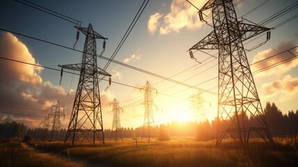 Sunset silhouette of electrical substation switchgear and towers symbolizing energy infrastructure