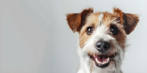 Wall Mural - White background studio shot of cute fluffy dog isolated playful and obedient. Concept Pets, Studio Photography, White Background, Fluffy Dog, Obedient