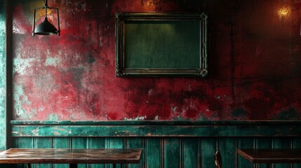 Wall Mural - A blank picture frame hanging on the old textured wooden wall in a cosy old english or irish pub