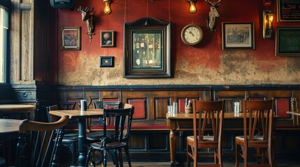 A blank picture frame hanging on the old textured wooden wall in a cosy old english or irish pub