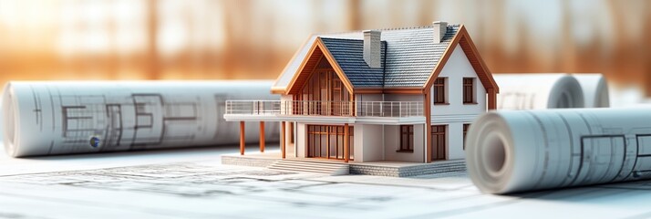 3d rendering project of new building model house on blueprint plan