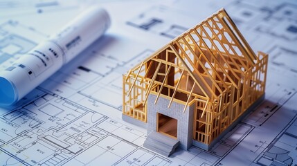 Wall Mural - 3d rendering project of new building model house on blueprint plan