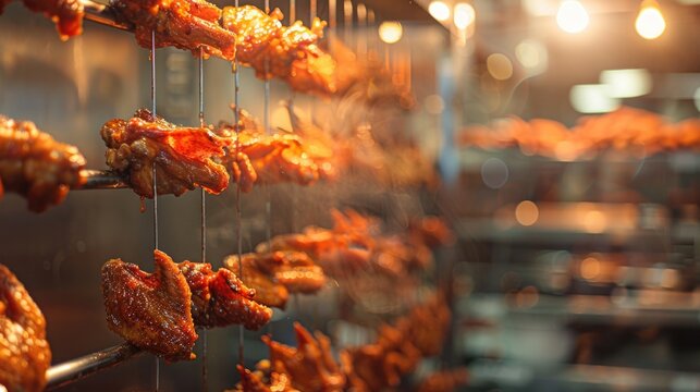Multiple strips with chicken wings hanging on the rack in a factory.