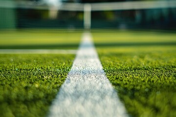 Canvas Print - White line on green grass field at tennis court.