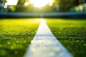 Wall Mural - White line on green grass field at tennis court.