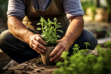 Wall Mural - mature man gardener working in garden planting herbs basil, Generative AI