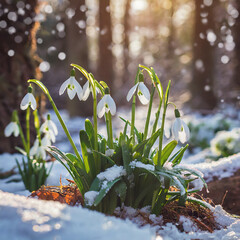 Wall Mural - Flowers snowdrops in snow in forest, morning sunlight. First beautiful blooming snowdrops in spring