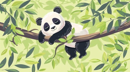 Wall Mural - Flat vector illustration of cute panda on tree