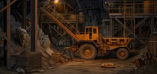 Heavy machinery inside an industrial warehouse with dim lighting, showcasing a rugged environment with various construction equipment.