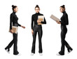 © Who is Danny - Three poses of a woman holding notebooks, dressed in black, against a white background, concept of versatility in professional settings