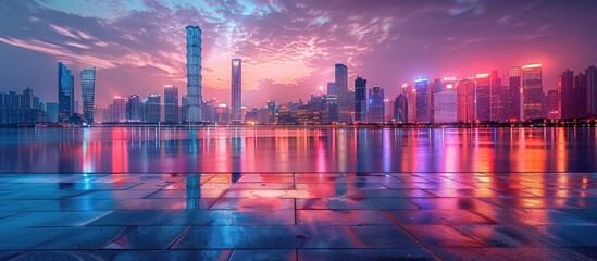 Wall Mural - Cityscape with Colorful Reflections at Dusk