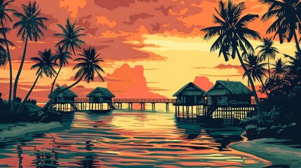 Wall Mural - Vector illustration of beautiful scenic landscape of tropical sea beach.