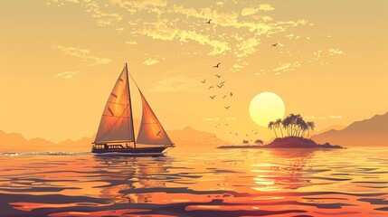 Wall Mural - Vector illustration of sailing boat and beautiful scenic landscape of tropical sea.