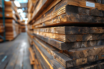 Stacks of wooden boards for sale in a hardware store warehouse.
