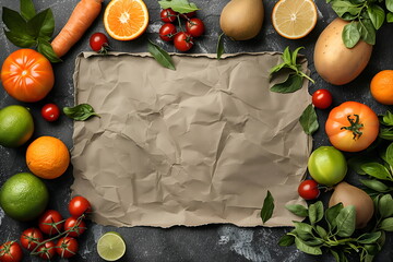 Wall Mural - Assorted fresh vegetables and fruits with empty paper sheet center. Mockup, template for design. Background with copy space, flat lay, top view. Organic food, sustainability, eco friendly concept