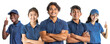 © Pajaros Volando - Group of young diverse individuals in blue uniforms and caps, posing confidently. Studio portrait isolated on transparent background. Service industry attire