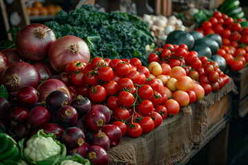 Wall Mural - Assortment of fresh organic vegetables on counter of farm store. Includes cherry tomatoes, onions, cauliflower, zucchini, lettuce. Organic and natural products, market and grocery stores concept