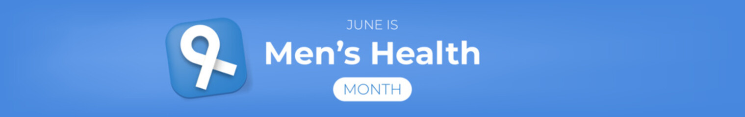 Poster - Mens health month concept wide horizontal banner design template with blue ribbon and text isolated on blue background. June is national mens health awareness month vector wide flyer or poster