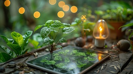 Wall Mural - Tablet Displaying Green Leaves on a Rustic Wooden Surface With a Lit Light Bulb and Lush Greenery in the Background