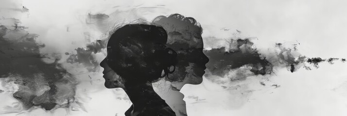 Wall Mural - A black and white double exposure creates an otherworldly aura around the subject leaving their intentions unknown. Black and white art