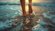 © nataliya_ua - Sun-Kissed Steps On The Sandy Shore As The Waves Retreat. Generative AI