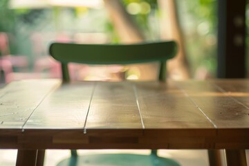 Aufkleber - Stylish Pastel Green Wooden Table at a Minimalist Campsite Bokeh Background for Product Display