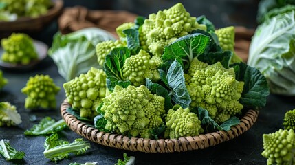 A Basketful of Freshly Harvested Romanesco Broccoli. Generative AI