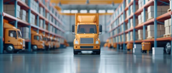 Poster - Bright Yellow Delivery Truck in a Modern Warehouse with Stacked Shelves and Boxes