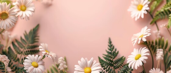 Canvas Print - Beautiful Arrangement of White Daisies and Green Ferns on a Soft Pink Background