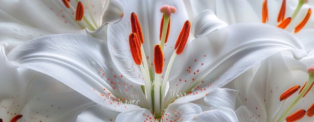 Wall Mural - White lily flowers with stamens and seeds.