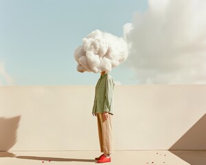 surreal minimalist portrait of young woman with cloud as head in stylish outfit under blue sky