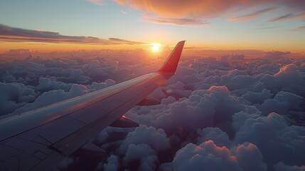 Wall Mural - airplane wing view of sunset above fluffy clouds