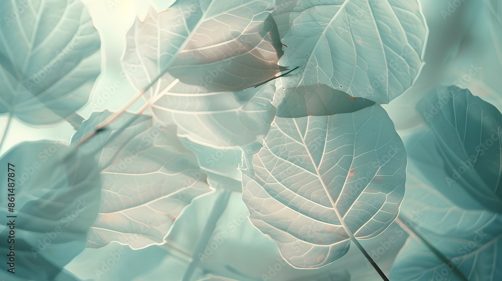 Abstract background with transparent leaf skeletons. Leaf skeleton background. The macro leaves a light bluish background texture. Transparent skeletonized leaves. 