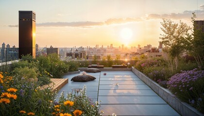 Wall Mural - the sun is setting over a rooftop garden